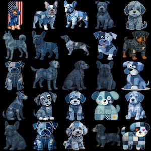 May include: A selection of dog illustrations, each designed to resemble denim patchwork. The dogs, in various breeds and poses, are set against a black backdrop. One dog is shown with an American flag.