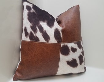 Cowhide  Patchwork Pillow Cover, Faux Leather Pillow, Cowhide Accent Pillow, Southwestern Pillow, Farmhouse Pillows, Sofa Cushion Pillows