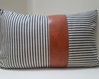 Striped Pillow Cover with Faux Leather Accent: Beige Denim Back