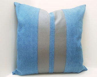 Denim Pillow Cover: Sky Blue with Faux Leather Stripe