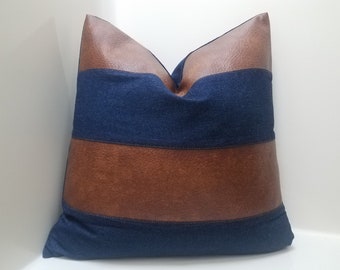 Denim Pillow Cover, Faux Leather Pillow, Denim Cushion, Faux Leather Cushion, Southwestern Pillow, Farmhouse pillows, Striped Pillowcases