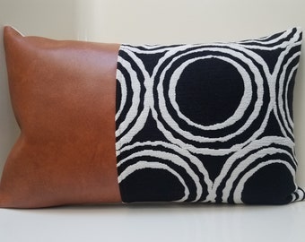 Bourbon Faux Leather Pillow Cover. Black Chenille Pillow Cover. Mid century pillow. Decorative Pillows. Sofa Pillow. Color Block Pillow Case