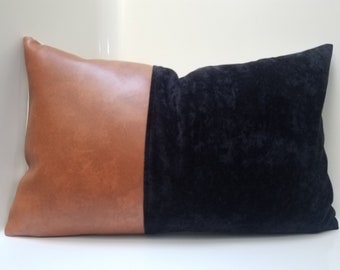 Bourbon Faux Leather Pillow Cover. Chenille Pillow Cover. Mid century pillow. Decorative Pillows. Sofa Pillow. Color Block Pillow. Cushions