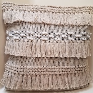 Boho Fringe Pillow Cover, Handwoven Textured Throw Pillow (20x20)