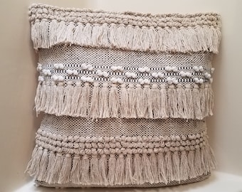 Boho Fringe Pillow Cover, Handwoven Textured Throw Pillow (20x20)