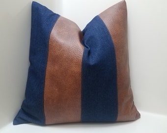 Denim Pillow Cover with Faux Leather Straps, Farmhouse Pillow, Color Block Pillow, Denim Cushion, Faux Leather Cushion, Southwestern Pillow