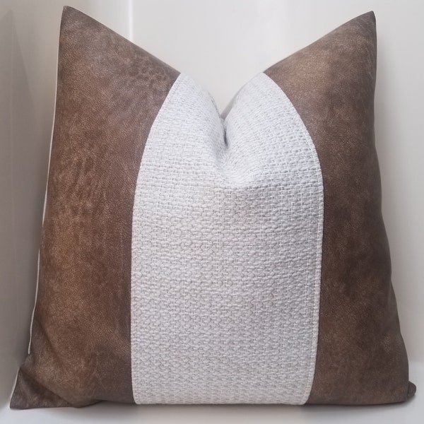 Faux Leather Pillow Cover: Woven Mudcloth, Beige Denim Back