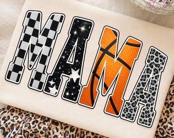 バスケットボールママ PNG: トレンディなスポーツレターアート ヒョウ柄チェックボールパターン ゲームデースピリット png (デジタルダウンロード)