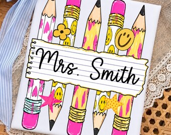 Personalized Teacher Name PNG: Custom Teacher Pencil Name School png Retro Smiley Classroom Design (Digital Download)