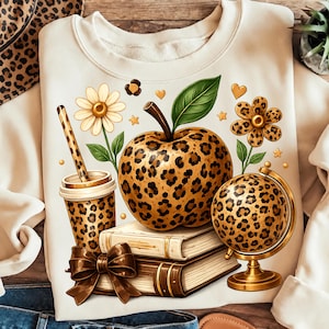 Leopard Teacher PNG: Apple Books Coffee Globe, Back To School Classroom Aesthetic png, Daisy School Essentials (Digital Download)