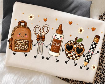 Back To School PNG: Cute School Supplies Friends PNG, Leopard Backpack Apple Glue Scissors Pencil Classroom Graphic (Digital Download)