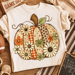 Boho Floral Pumpkin PNG: Vintage Patchwork Fall Pumpkin Autumn Clipart png Retro Cottagecore Harvest Design (Digital Download)