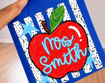 Personalized Teacher Apple PNG: Custom Teacher Name Red Apple School png Retro Dalmatian Classroom Design (Digital Download)