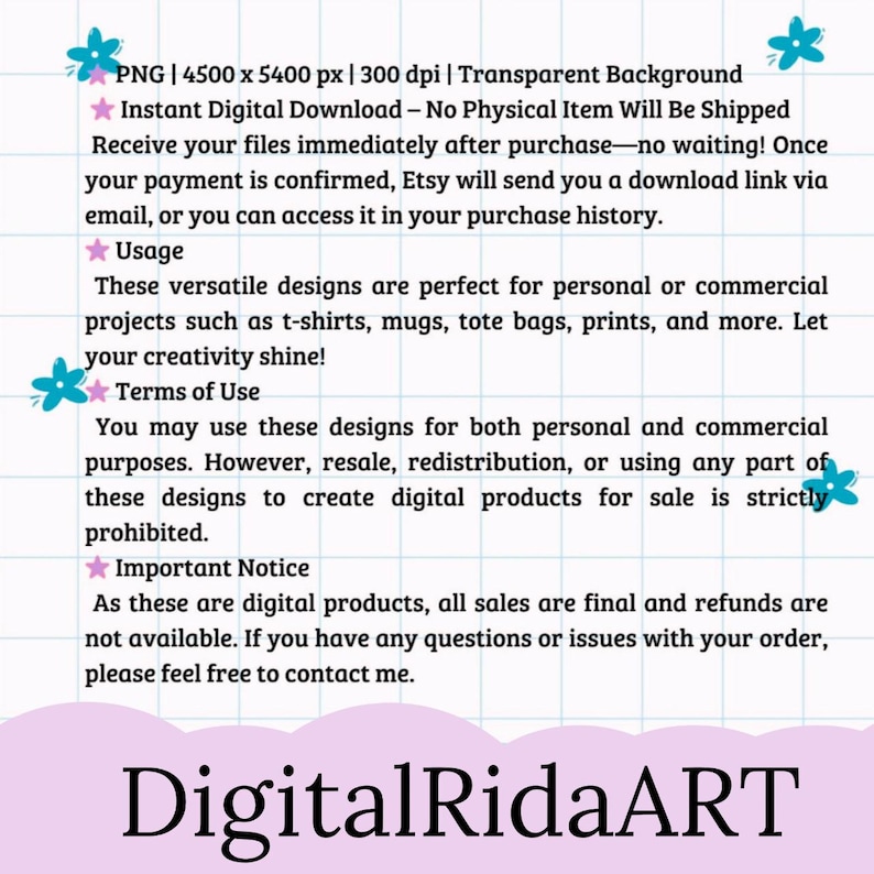 May include: Digital download graphic with text including "Instant Digital Download" and "DigitalRidaART". The design is for personal and commercial use on items like t-shirts and mugs. Sales are final, no refunds.
