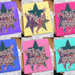 Stelle di grado scolastico PNG: Design retrò patchwork per livello scolastico Ritorno a scuola png Asilo nido Prima seconda elementare (Download digitale)