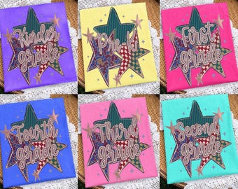 School Grade Stars PNG: Retro Patchwork Grade Level Design Back To School png Kindergarten First Second (Digital Download)
