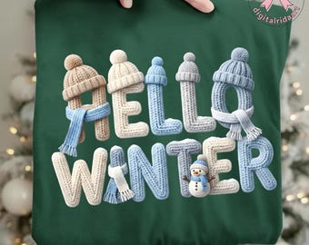 Hello Winter PNG、キラキラ輝く雪の結晶、昇華デザイン（デジタルダウンロード）