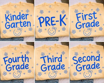 Back To School Grade Smile PNG: Kindergarten Pre-K First Second Third Fourth Grade School png Cute Daisy Smiley Face (Digital Download)