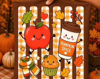 Fall PNG: Cute Pumpkin Spice Apple Autumn PNG, Cozy Gingham Fall Coffee Scarf Cupcake Graphic (Digital Download)
