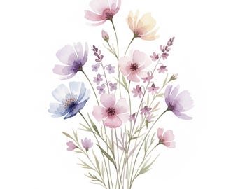 水彩画の花束クリップアート | パステルフラワーPNG（デジタルダウンロード）