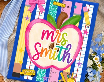 Teacher Apple PNG: Rainbow Teacher Name School Apple Pencil Notebook Classroom Back to School PNG (Digital Download)