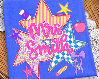 Preppy Neon Custom Teacher Name Striped Stars Coquette Bow Png, Back To School Pre-K To Fourth Grade Design, Colorful Dots, Sublimation