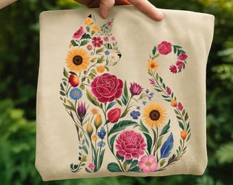 花柄猫シルエットPNG：植物の花と猫のイラスト、自然美的PNGアート（デジタルダウンロード）