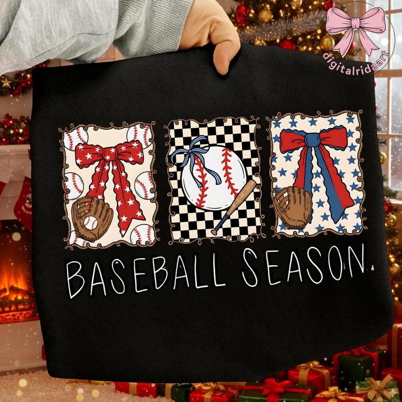 May include: Black tote bag featuring three baseball-themed designs. The designs include baseballs, gloves, and bows in red, white, and blue. The text "BASEBALL SEASON" is written in white script across the bottom.