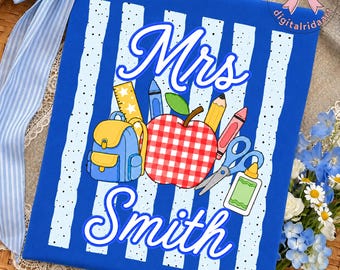 Personalized Teacher Name PNG: Custom Teacher School Supplies Apple Backpack png Back To School Clipart (Digital Download)