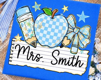 Personalized Teacher Name PNG: Custom Blue Gingham Apple Pencil Bow School png Retro Classroom Design (Digital Download)
