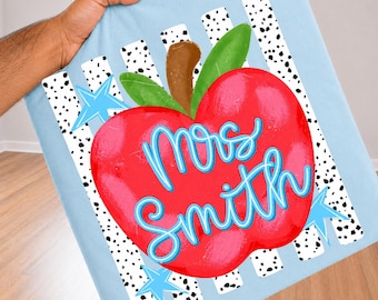 Personalized Teacher Apple PNG: Custom Teacher Name Red Apple School png Dalmatian Stripe Classroom Design (Digital Download)