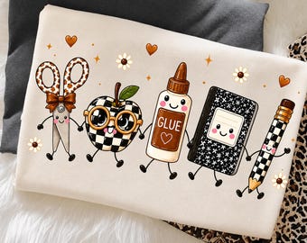 Back To School PNG: Cute School Supplies Friends PNG, Leopard Backpack Apple Glue Scissors Pencil Classroom Graphic (Digital Download)