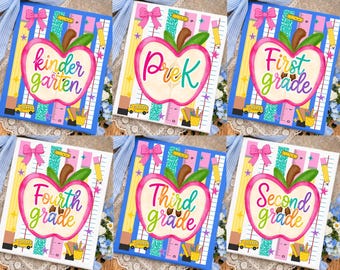 Back To School Grade Bundle PNG: Kindergarten Pre-K First Second Third Fourth Grade Pink Apple PNG (Digital Download)
