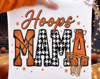 Hoops Mama PNG: Basketball Typography Houndstooth Orange Bow Net Game Day Mama png Trendy Sports Art (Digital Download)