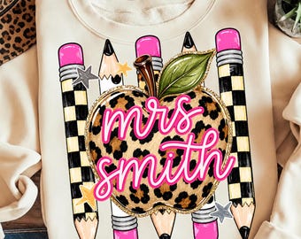 Back to School PNG: Leopard Teacher Apple PNG Custom Teacher Name Pencil Classroom School Design (Digital Download)