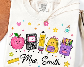 Teacher School Supplies PNG: Cute Apple Notebook Pencil Backpack Crayons Custom Teacher Name Classroom PNG (Digital Download)