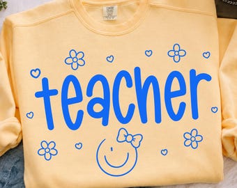 Teacher Coquette PNG: School Staff Smiley Face Bow Floral Teacher Aesthetic Classroom PNG (Digital Download)