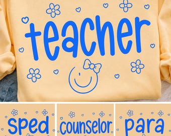 Teacher Coquette Bundle PNG: Teacher SPED Counselor Para School Staff Smiley Bow Floral PNG (Digital Download)