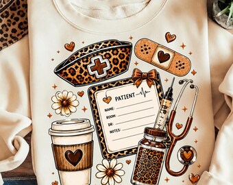 Nurse PNG: Leopard Nurse Life Medical Essentials PNG, Healthcare Worker PNG, Stethoscope Coffee Daisy Graphic (Digital Download)