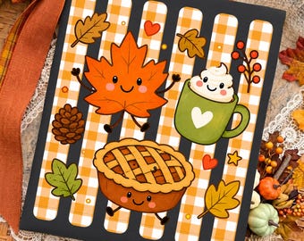 Fall PNG: Cute Autumn Leaf Pumpkin Pie Coffee PNG, Cozy Gingham Fall Leaves Whimsical Graphic (Digital Download)
