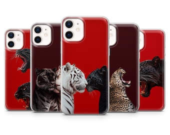 Katze Handyhülle | Tiger Puma Liebe | Hülle für iPhone: 17Pro 16 15 14 13 SE Max Pro - Samsung Galaxy S25 - Google Pixel 10 | Rot