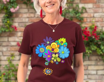 ヒッピーTシャツ、フラワーパワーシャツ、レトロ70年代風Tシャツ、60