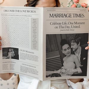 Plantilla de periódico de bodas (Canva) editable con foto, programa de crucigramas de bodas, periódico nupcial Newlywed Times