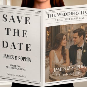 Può includere: Annuncio di matrimonio in stile giornale con il titolo "SAVE THE DATE" e i nomi "JAMES & SOPHIA". Il lato destro presenta una foto della coppia con il titolo "THE WEDDING TIMES" e "A Timeless Love".