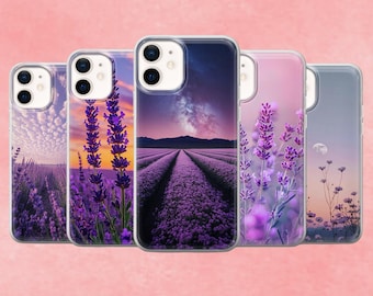 May include: Five phone cases with lavender field designs. The cases feature images of lavender fields, sunsets, and close-ups of lavender flowers. The cases are in a row, showcasing the variety of designs available.