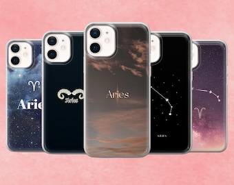 May include: Five phone cases with Aries-themed designs. The cases display various backgrounds: a starry sky, a dark blue gradient, a cloudy sky, a constellation, and a dark background with a constellation. Each case has the word "Aries".