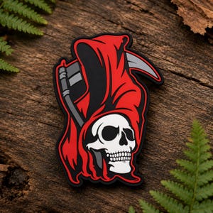 Sensenmann-PVC-Aufnäher, Biker-Aufnäher mit rotem Kapuzenschädel, Gothic-Taktik-Morale-Aufnäher für Rucksack, Weste und Jacke, Biker-Geschenk für ihn