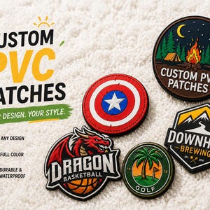 May include: Five circular and hexagonal PVC patches featuring various designs including a campfire scene, a red and blue shield with a star, a dragon basketball logo, a golf graphic, and a mountain brewery logo with the text Downhill Brewing.