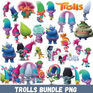 May include: A collection of colorful Trolls characters in various poses. The image features characters with vibrant hair, including pink, blue, green, and orange. The text "Trolls Bundle PNG" is at the bottom.