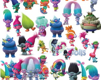 Pacote de clipart PNG de Trolls: fontes, papéis, decoração para festa de aniversário (download digital)
